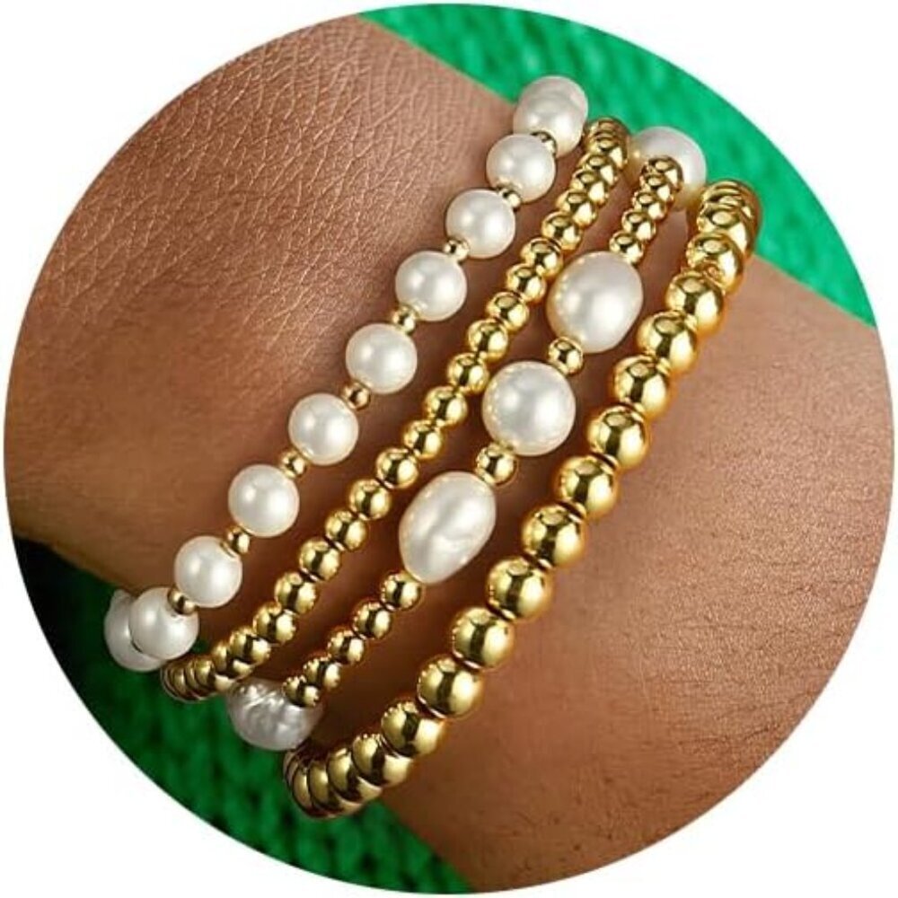 Gold Beaded Bracelets for Women Pearl Baroque Stretch Jewelry Gift